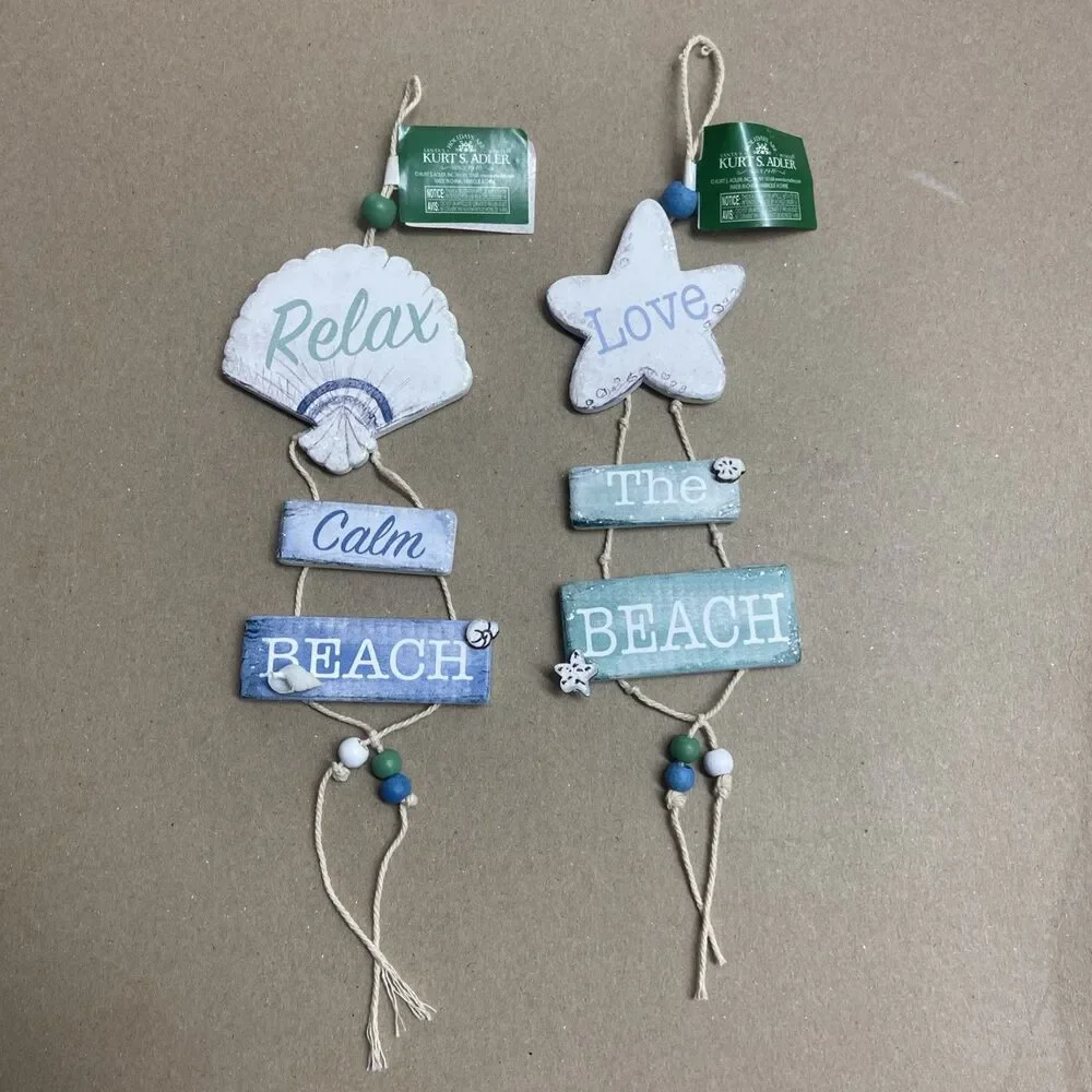 Coastal Beach Wooden Sign Christmas Ornament Lot of 2 Assorted Kurt Adler NWT